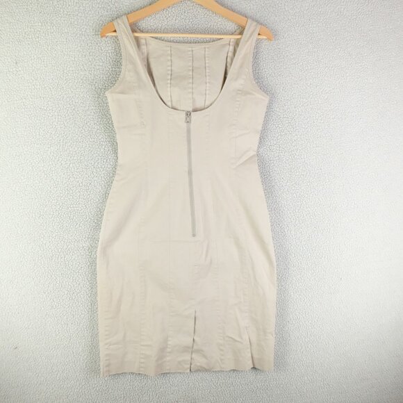 Prada Dress Womens Size 46 Beige Fitted Sheath Sleeveless Midi Back Zip Italy - Picture 3 of 13